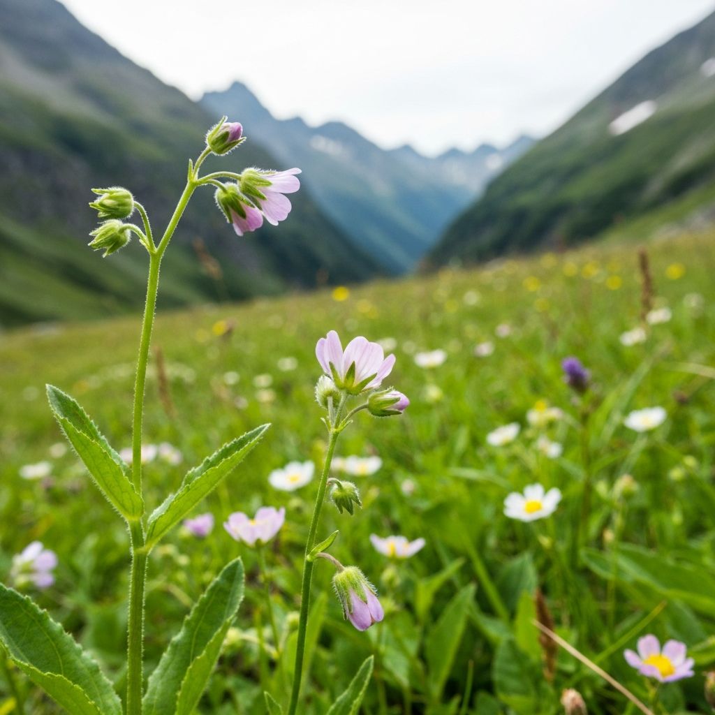 Makroaufnahme von alpinen Wildblüten in Schweizer Bergwiese